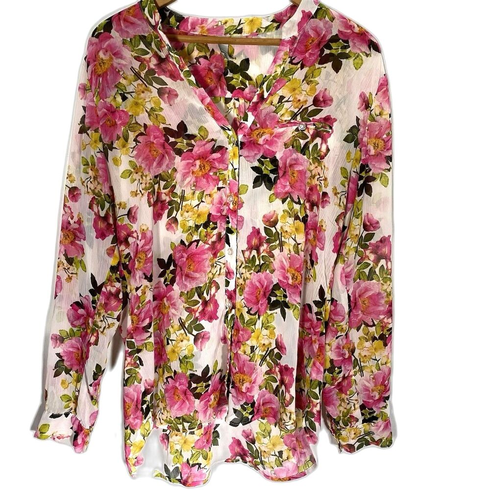 Kut From The Kloth Sheer Floral Blouse Button Front Roll Tab Sleeve Women L Pink